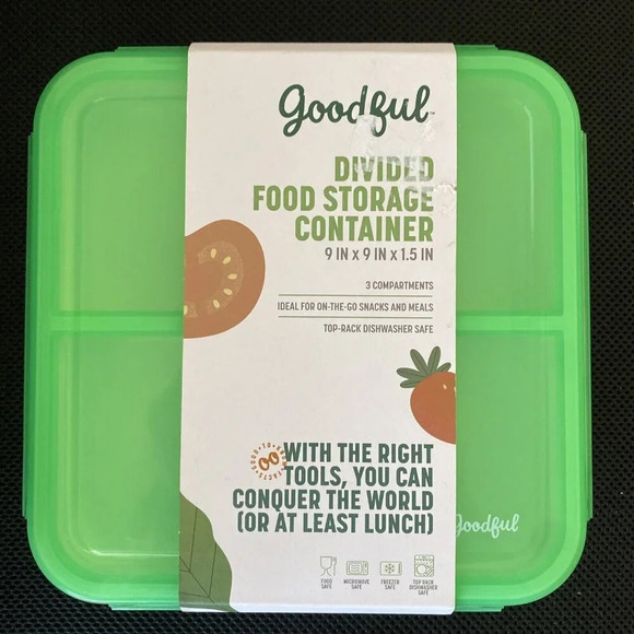 Goodful Food Storage Lunch Container Divided Tray 3 Compartments 9x9x1.5 in - Picture 1 of 5